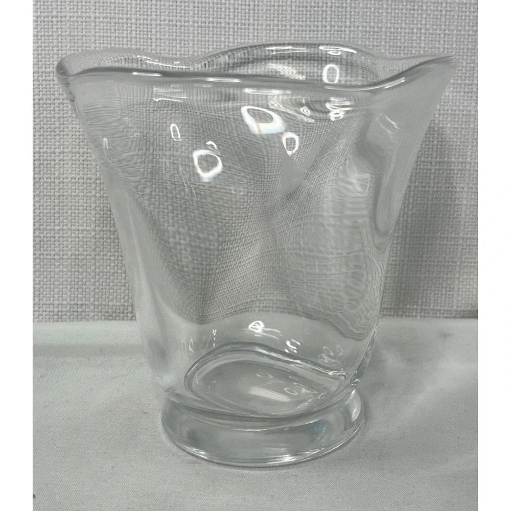 Orrefors Sweden Crystal Ruffled Vase Etched Bird Signed Art Glass 2400 Clear